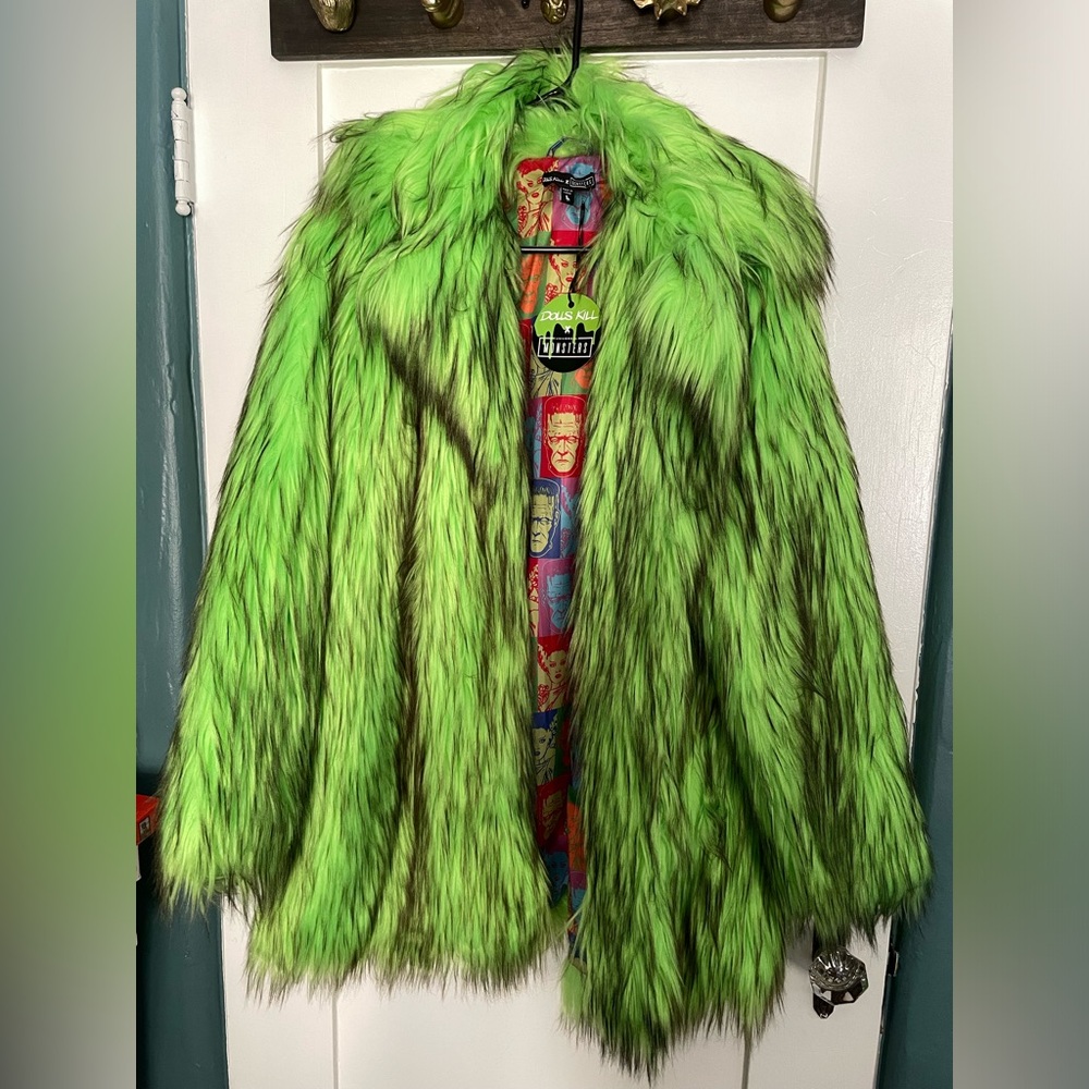 Universal Monsters x Dolls Kill Acid Green Reversible Faux Fur Coat